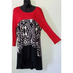 Midnight Velvet Long Sleeve Color Block Red Black White High Low Hem Large